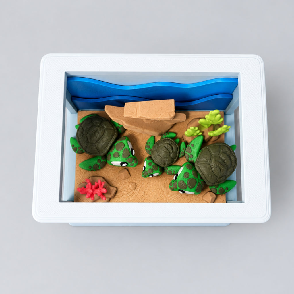 Close-up of articulated 3D printed turtle figure