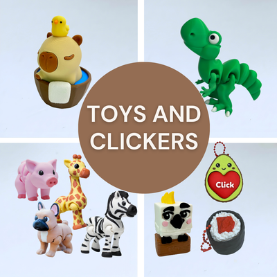 Playful 3D-printed toys and gifts, printed to order with optional personalised names or short text.