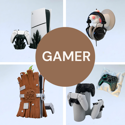 3D-printed gaming accessories for consoles and setups, printed to order with custom gamer tags or initials.