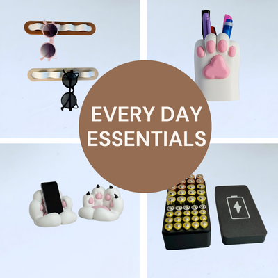Practical 3D-printed essentials for home and office, made to order with optional name labels.
