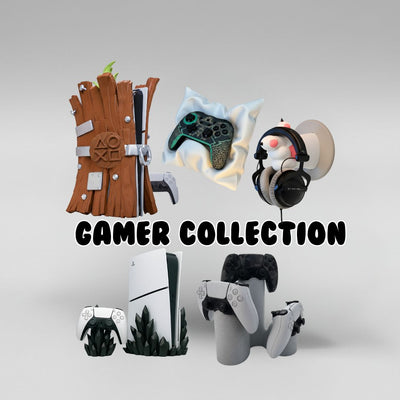3D-printed gaming accessories for consoles and setups, printed to order with custom gamer tags or initials.
