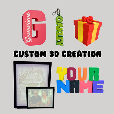 Personalised 3D-printed items — phone stand with name, letter tray and accessories; printed to order with custom names or phrases.